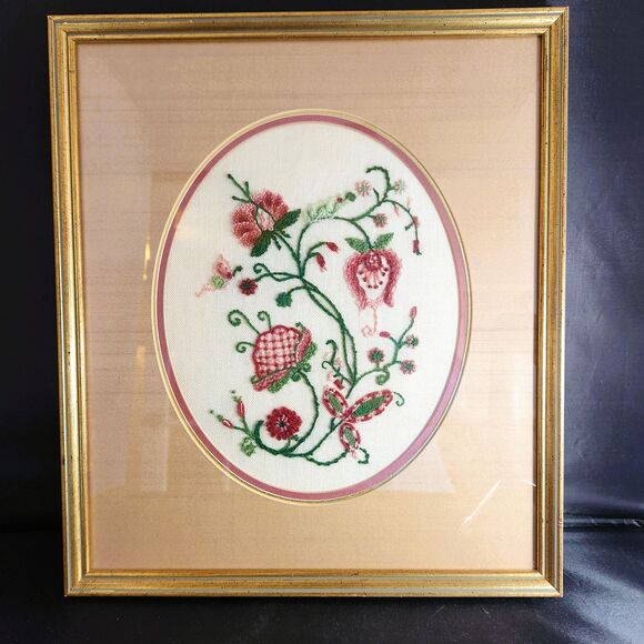 13" x 15" Floral Crewel Embroidery Picture Framed Triple Mat Gallery Wall VTG